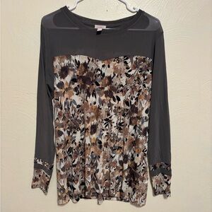 LOGO by Lori Goldstein Floral Long Sleeve Top - Gray and Brown